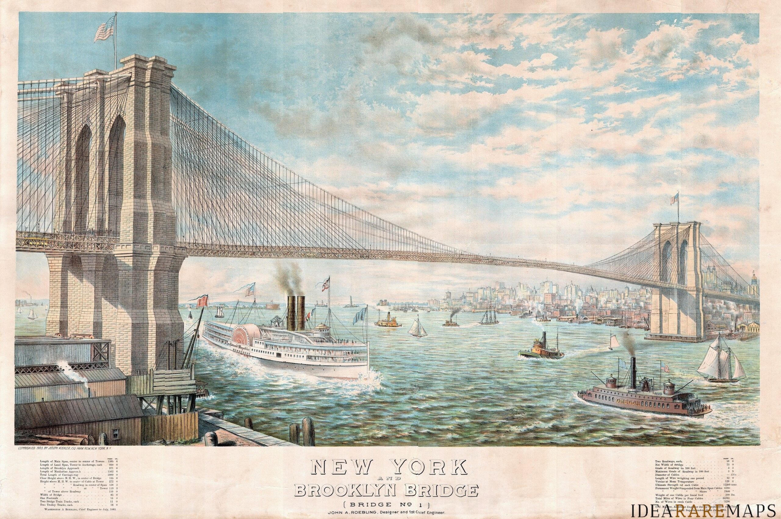 NEW YORK AND BROOKLYN BRIDGE (Bridge n°1) John A Roebling. Designer and 1st  Chief Engineer - Idea Rare Maps